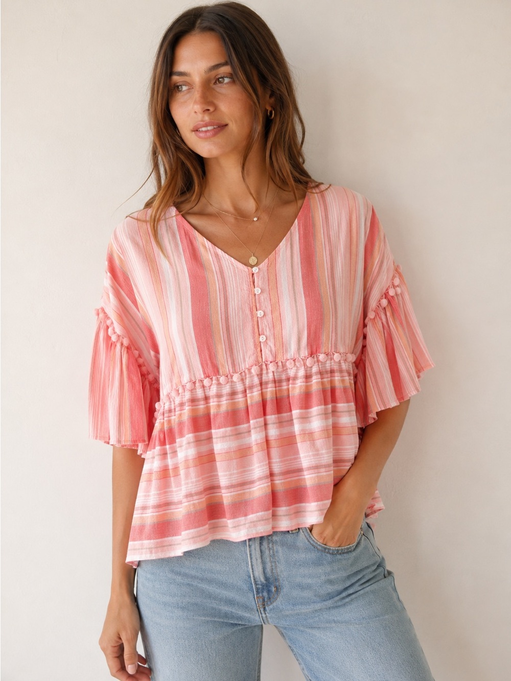 Emberley Striped Pom Pom Detail Top
